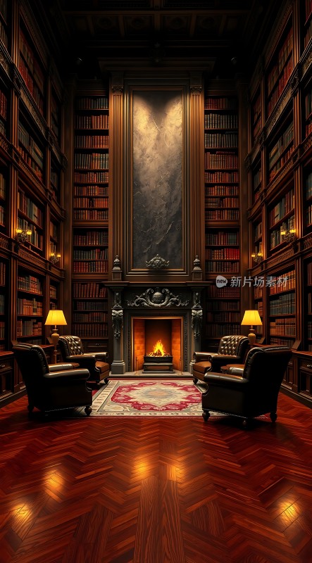 古董书房里的温暖壁炉与书架