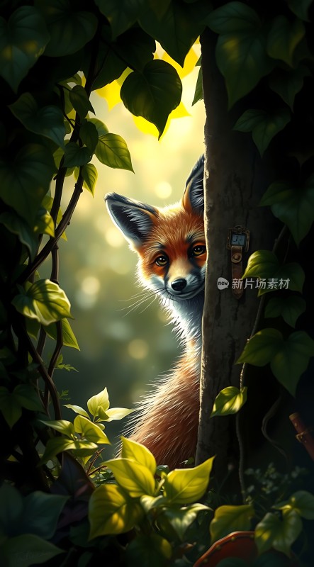阳光下的狐狸探出头