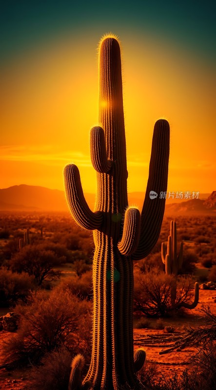 沙漠日落下的坚韧仙人掌