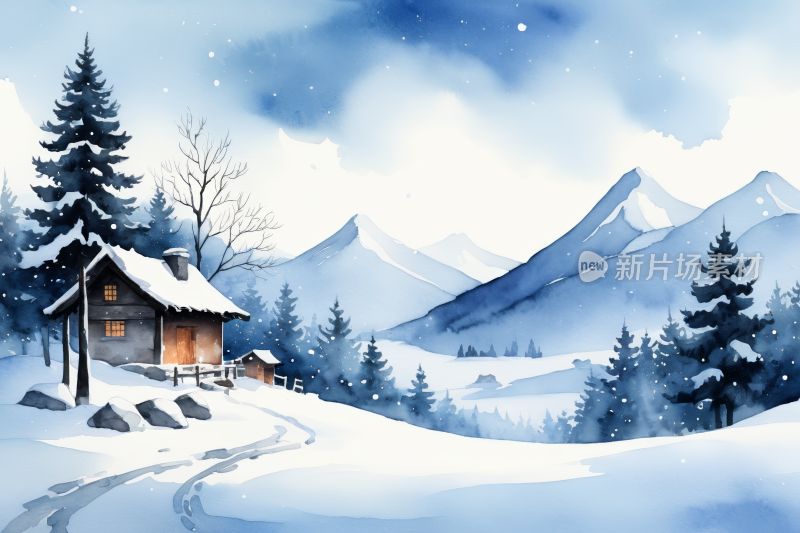 雪中小屋山高清背景图片