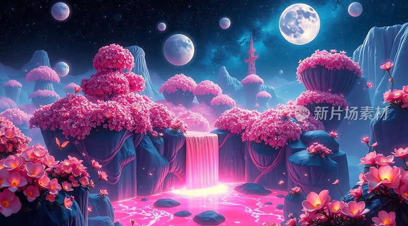 梦幻花海瀑布夜空