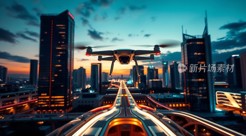 未来之城无人机翱翔夜空