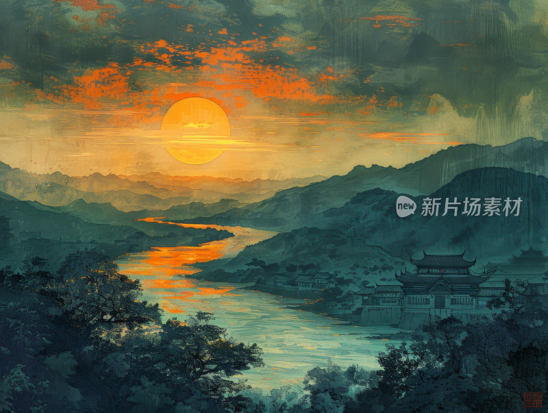 中国风古建筑夕阳落日图