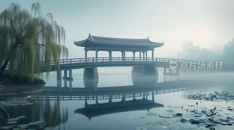 湖畔古亭映水波