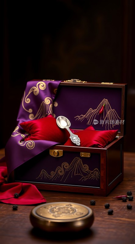 紫金盒藏珍宝银勺静卧红绸上