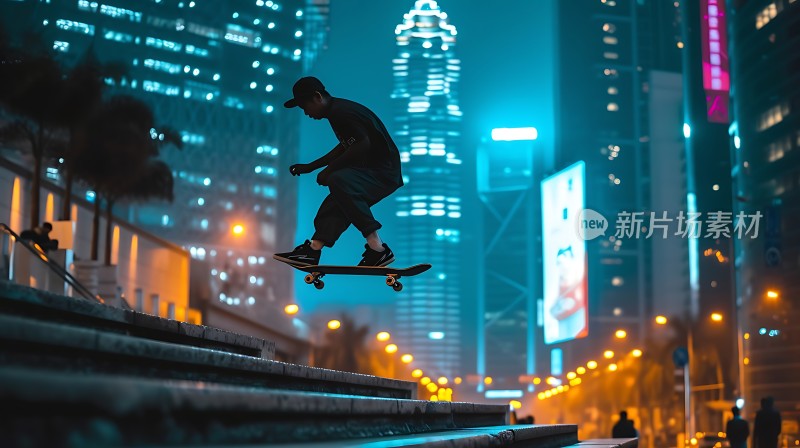 夜幕下的滑板少年