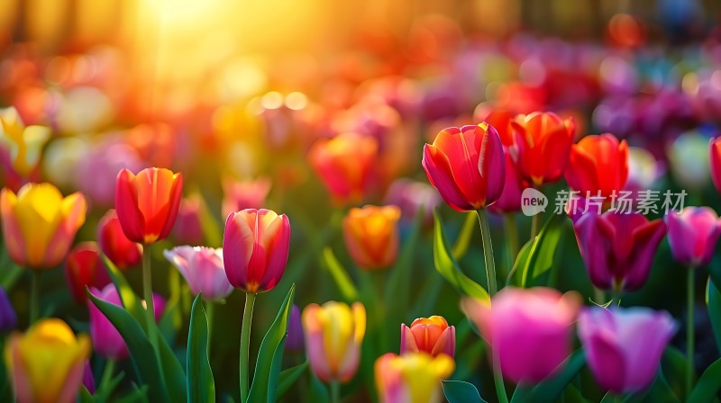 阳光下的多彩郁金香花海
