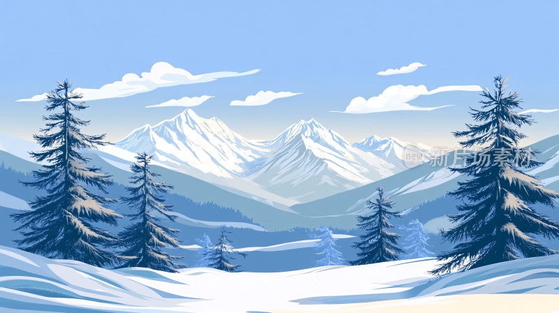 雪松雪景雪山插画