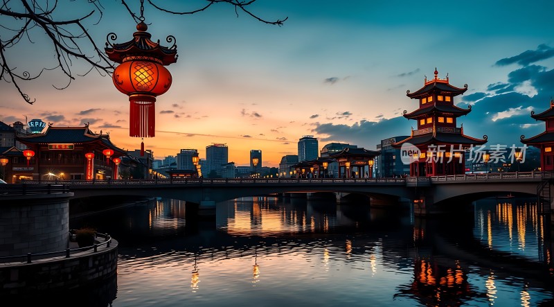 古桥夜色映水乡