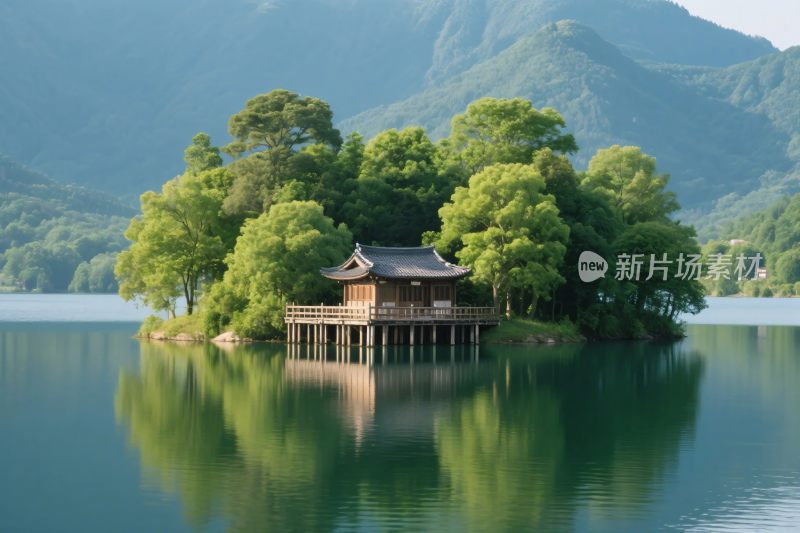 湖心岛古木屋风光