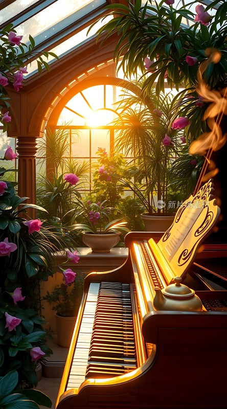 阳光下的钢琴与花园