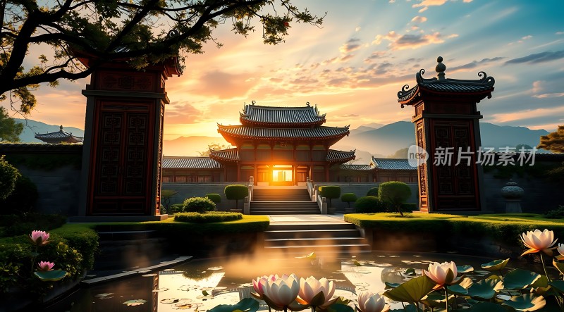 古寺晨曦映莲花