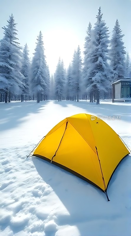 雪地露营黄色帐篷与白色森林