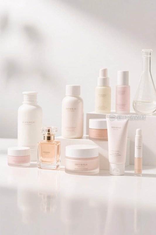 多款护肤品整齐摆放展示