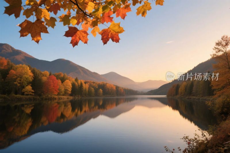 秋日山水湖景图