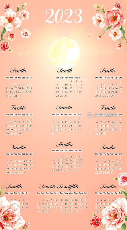 2023年日历花卉装饰的月份布局