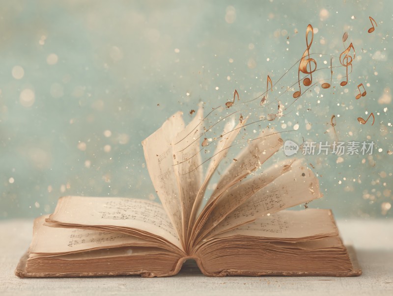 翻开的书与飞舞音符插画
