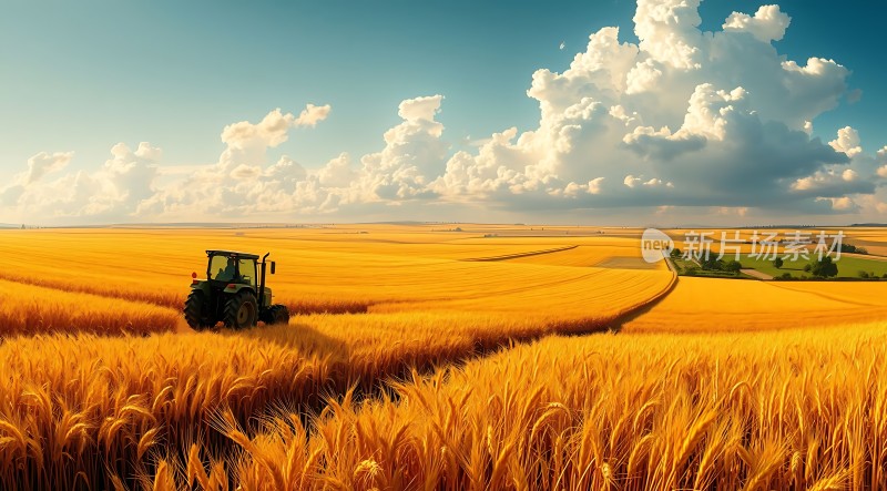 金色麦田中的拖拉机