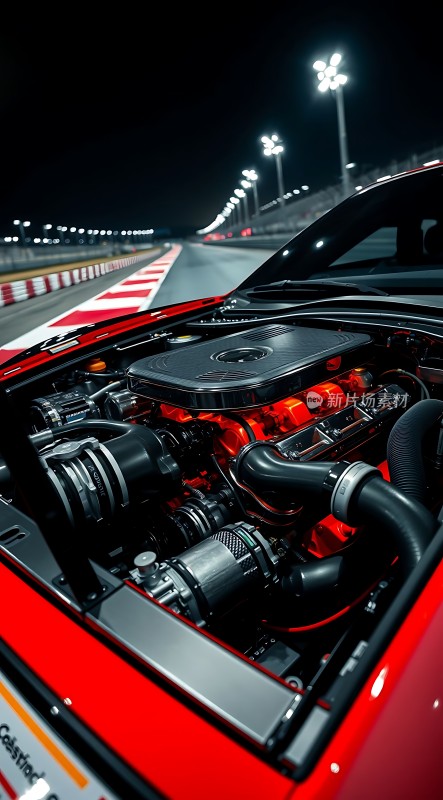 红色跑车引擎盖打开展示其内部构造和细节