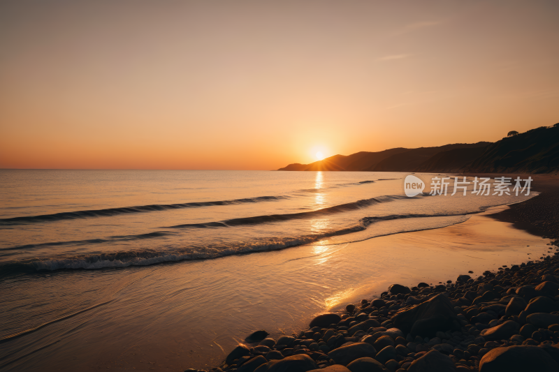 海上的日落有海滩和岩石海岸纹理背景图片