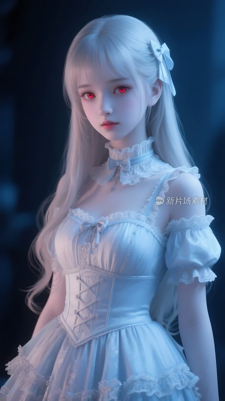 白色长发红眼女孩穿蓝色连衣裙