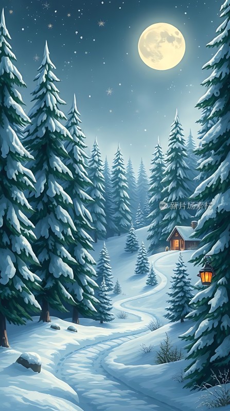 雪夜小屋与月光下的森林