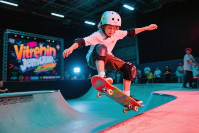 小孩在滑板场地玩滑板