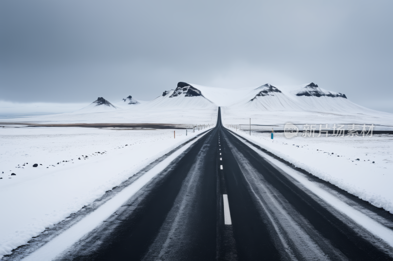 雪景中间的路山脉风光风景图片