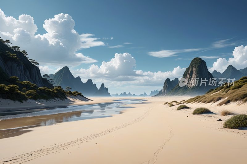 一个沙滩一座高山清风景插画图片