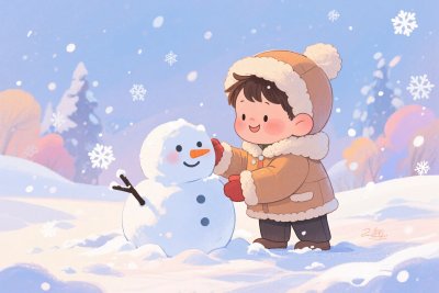 冬季卡通男孩堆雪人 冬季卡通男孩堆雪人