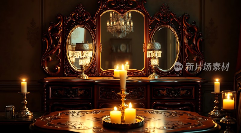 古董梳妆台上的蜡烛与镜子