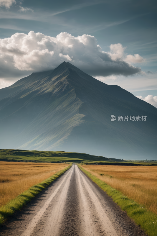 土路通向一座山山下一片草地高清风景图片