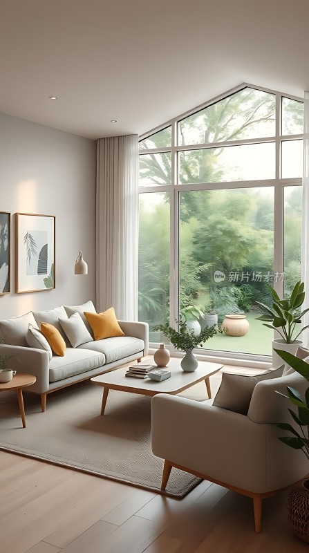 现代简约客厅自然光线充足绿植点缀温馨舒适