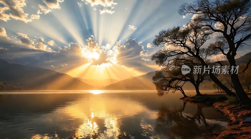 湖畔晨曦映照下的宁静美景