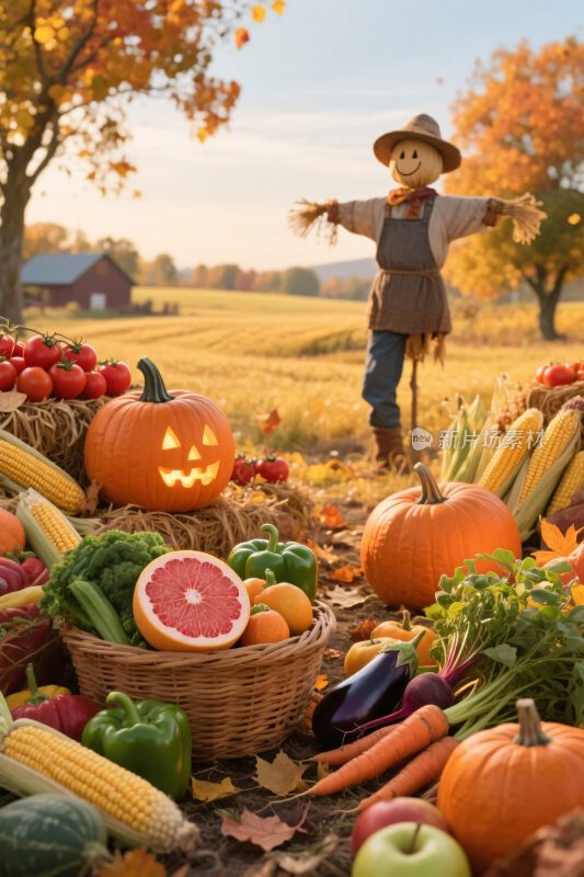 田园丰收稻草人插画