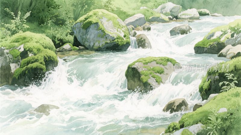 山间溪流与覆青苔岩石图景