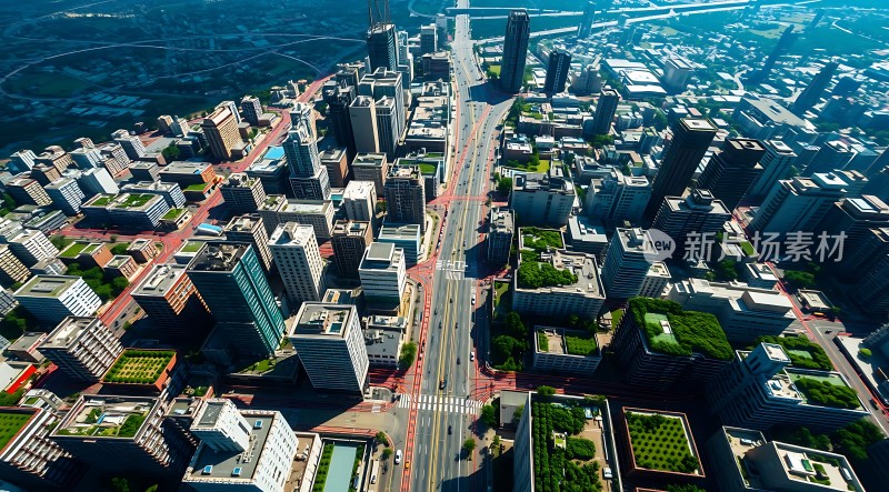 城市鸟瞰图高楼林立绿意盎然交通繁忙