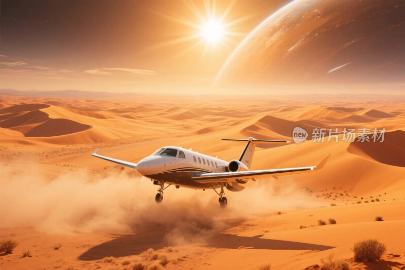 沙漠中飞机飞行科幻场景