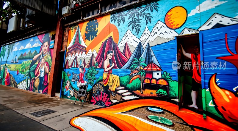色彩斑斓墙绘展现异域风情与自然美景