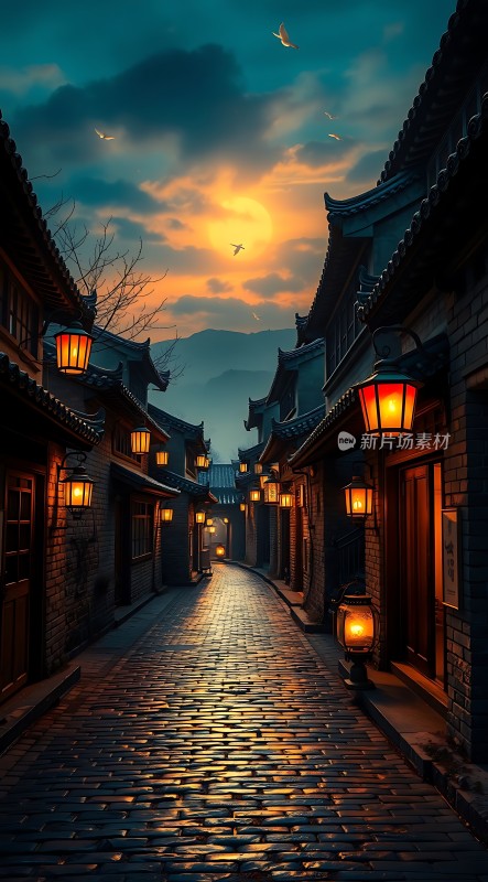 古街夜色灯火阑珊映斜阳