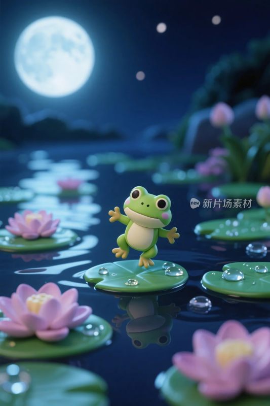 卡通青蛙荷叶夜晚