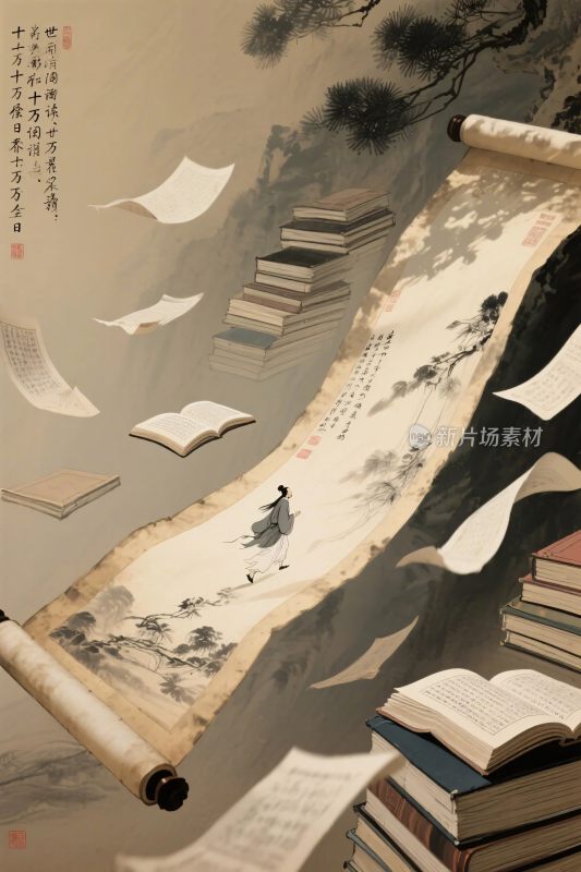 古风书卷飞舞画卷插画