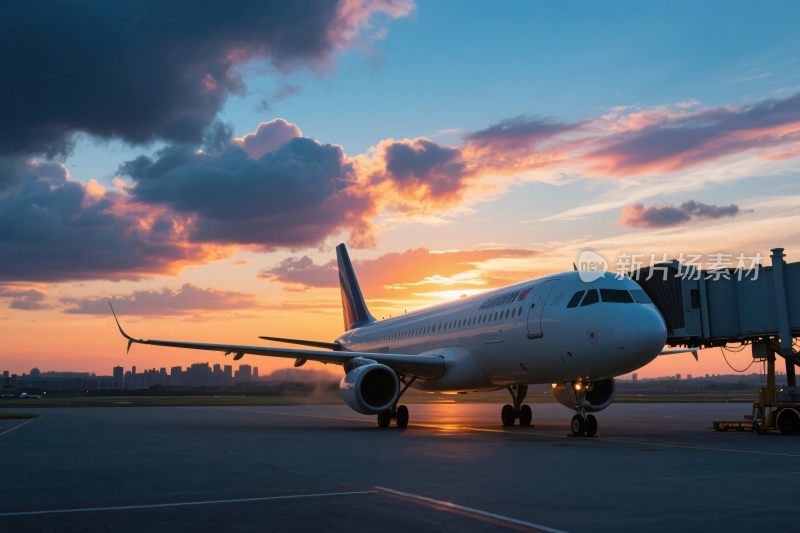 机场停机坪上的飞机黄昏图