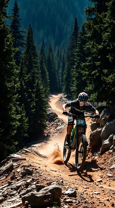 山地骑行者穿越森林小径