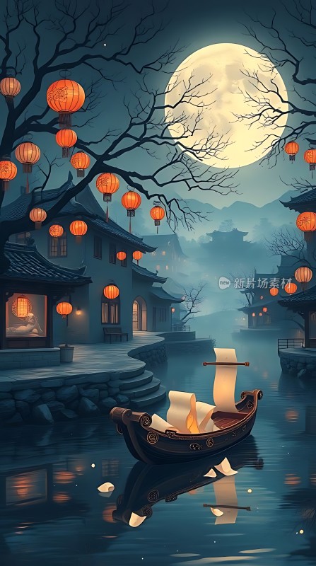 月下古船灯笼映水乡