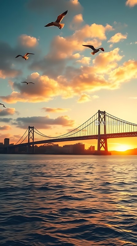 日落时分的海鸥飞翔在跨海大桥上空