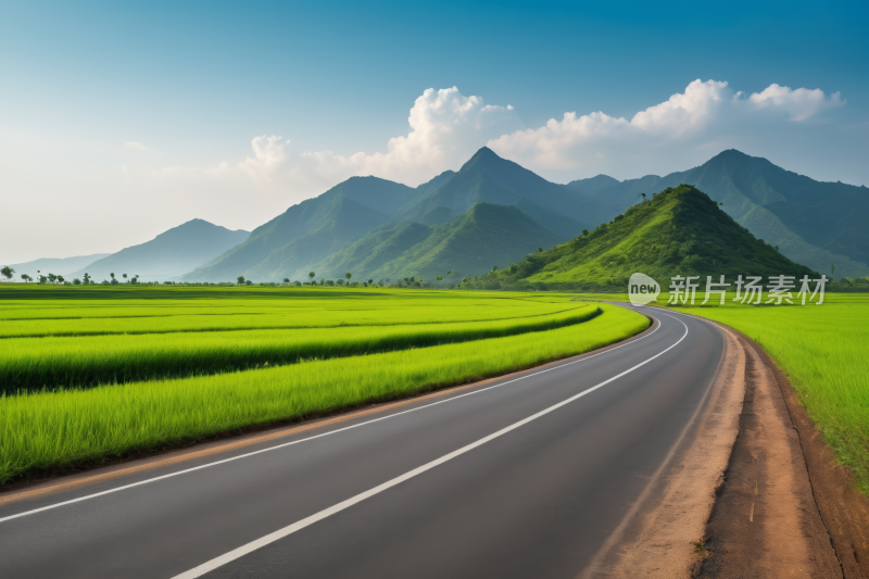 道路一座山一片草地高清风景图片