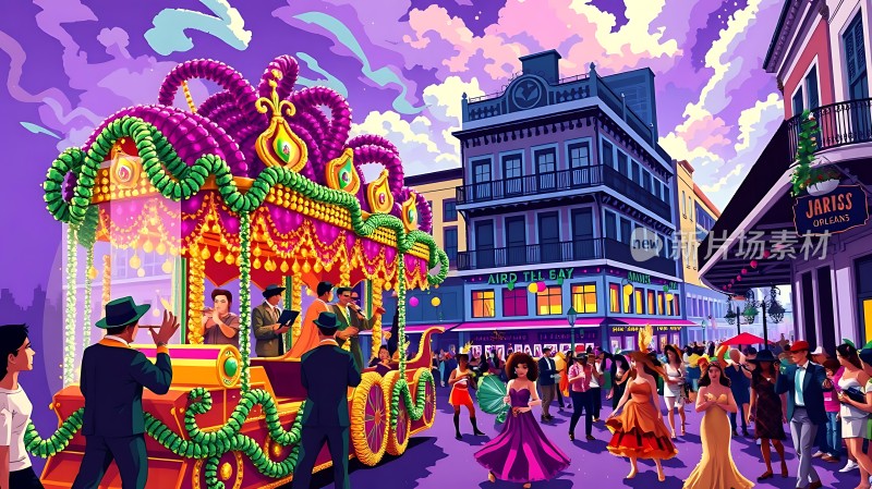 狂欢节上的华丽花车与欢乐人群
