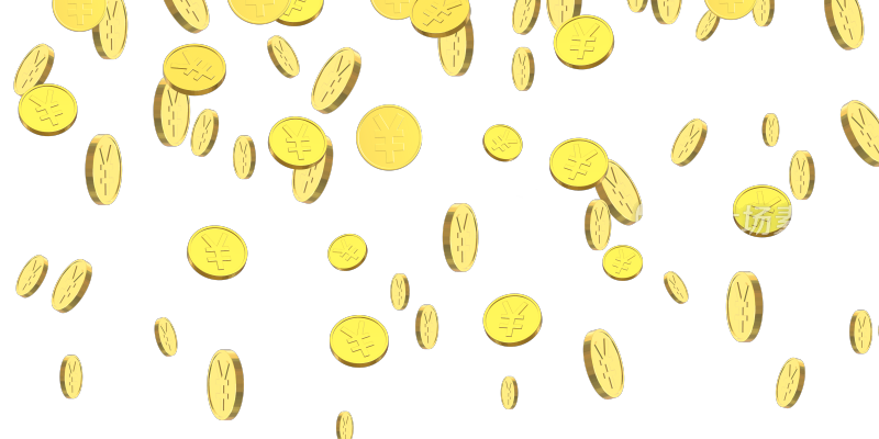 金黄色的钱币金币铜钱漫天飞舞铺满地上