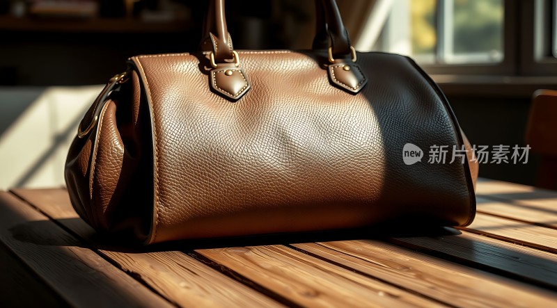 阳光下的棕色皮质手提包